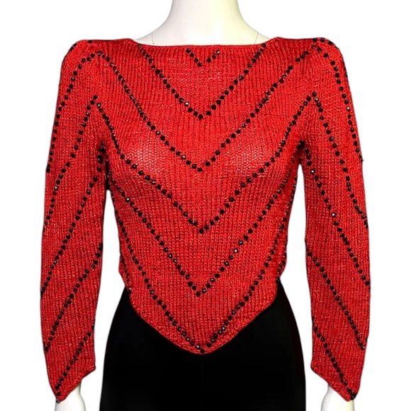Nannell Beaded Sweater Red Black Vintage 80’s Hand-knit Rayon Blend Size Small - Picture 1 of 10